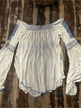 Free People White Off-Shoulder Tunic with Light Blue Embroidery